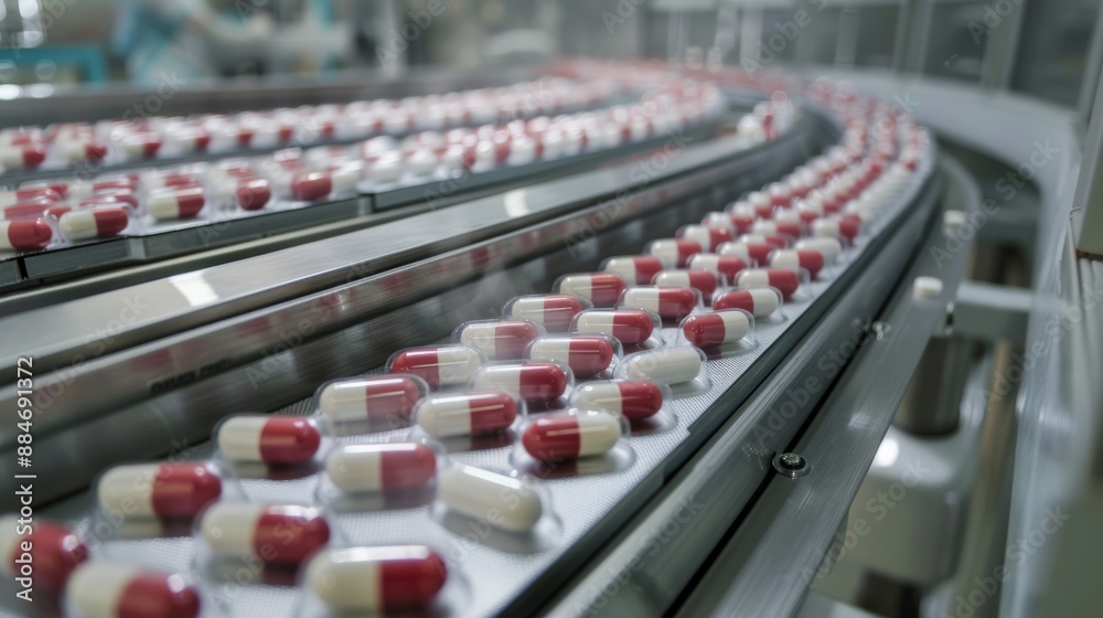 Close-up photograph of the medical capsule filling process by machinery. Close-up photograph of the medical capsule filling process by machinery.