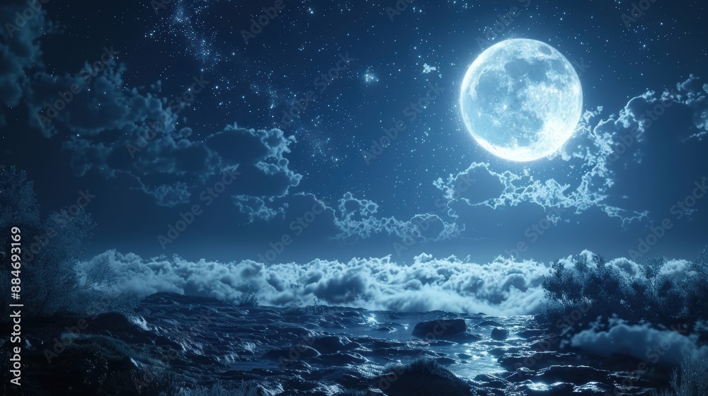 Nighttime clouds illuminated by the moon and stars, creating a serene scene in 4K. Nighttime clouds illuminated by the moon and stars, creating a serene scene in 4K.