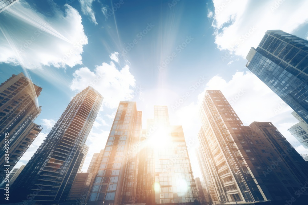 Modern skyscrapers in business district at sunset. Futuristic architecture with modern building. Bottom up view. Business concept Modern skyscrapers in business district at sunset. Futuristic architecture with modern building. Bottom up view. Business concept