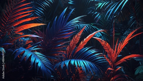 Tropical Palm Leaves in Red and Blue Light.