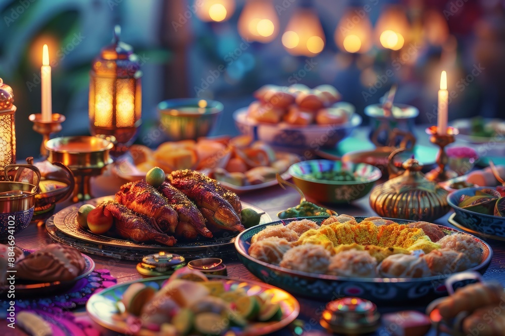 Colorful spread of middle eastern cuisine lit by candles and lanterns during evening Colorful spread of middle eastern cuisine lit by candles and lanterns during evening