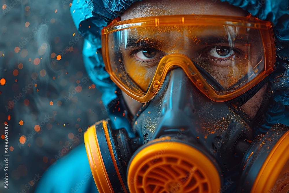 Professional construction worker wearing a high-grade dust mask, surrounded by lot of floating particles of glass wool dust in a construction site Professional construction worker wearing a high-grade dust mask, surrounded by lot of floating particles of glass wool dust in a construction site