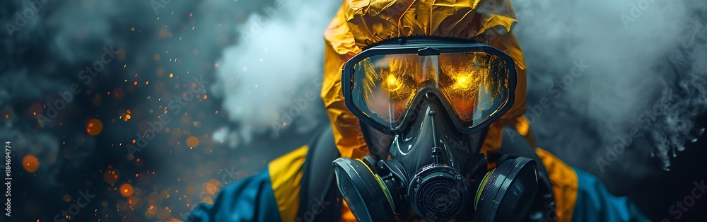 Fototapeta premium Professional construction worker wearing a high-grade dust mask, surrounded by lot of floating particles of glass wool dust in a construction site