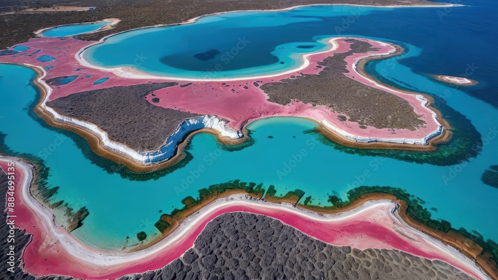 Pink Lake and Turquoise Water Aerial View.