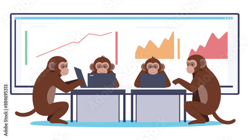 Of monkeys working on laptops in front of a presentation screen with graphs and charts