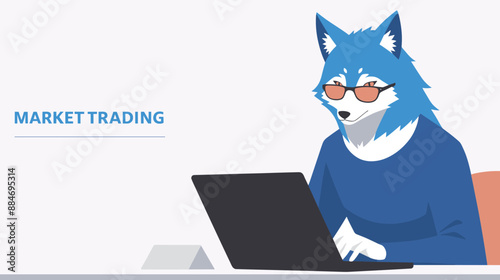 Anthropomorphic wolf sitting at a desk with a laptop. Market trading concept