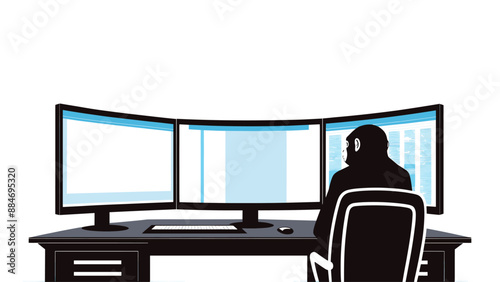 Monkey sitting at a desk with multiple computer monitors