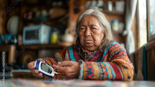Elderly Native-American, Indigenous, First-Nations  woman sitting in kitchen and checking sugar glucose with glucometer, Diabetes care, copy space