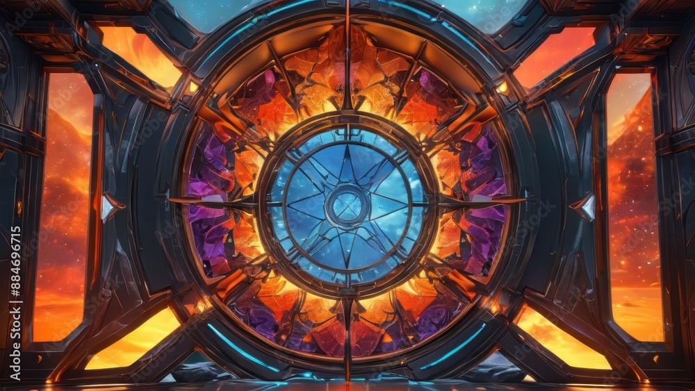 Futuristic Window with Orange and Blue Sky. Futuristic Window with Orange and Blue Sky.