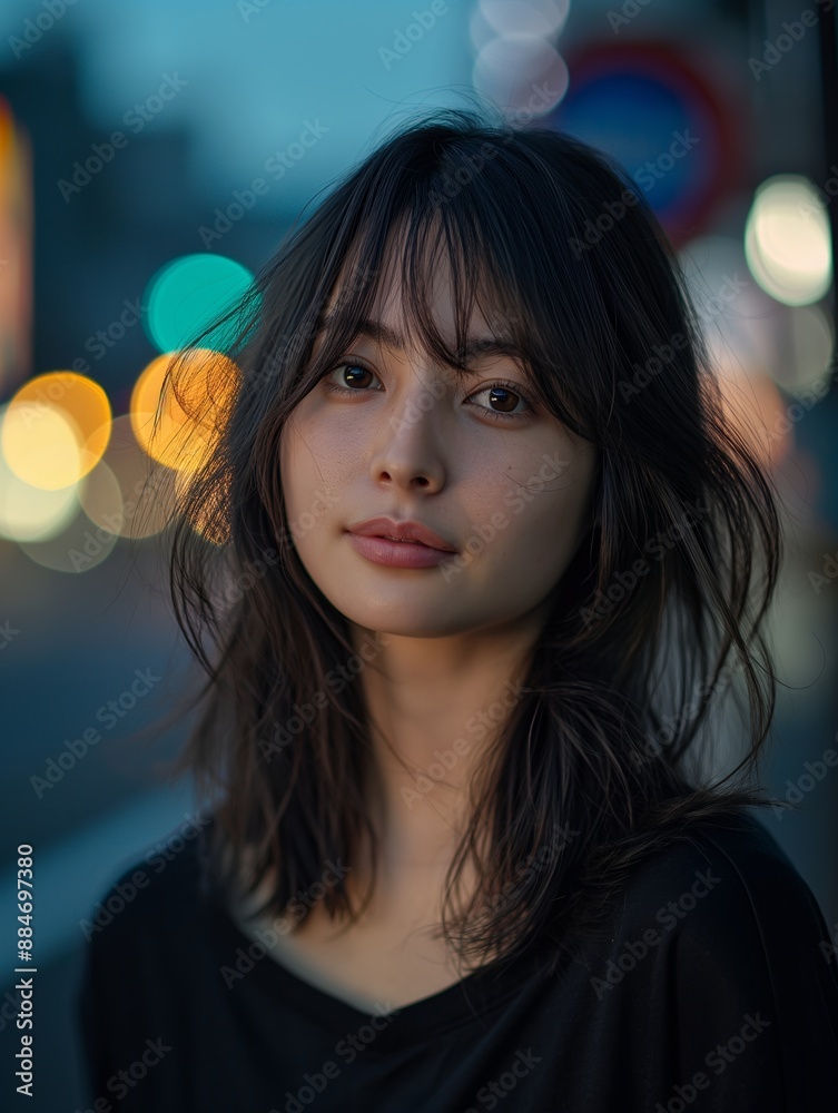 Portrait of a beautiful young Japanese woman in the street at night, she is smiling and looking into the camera.
