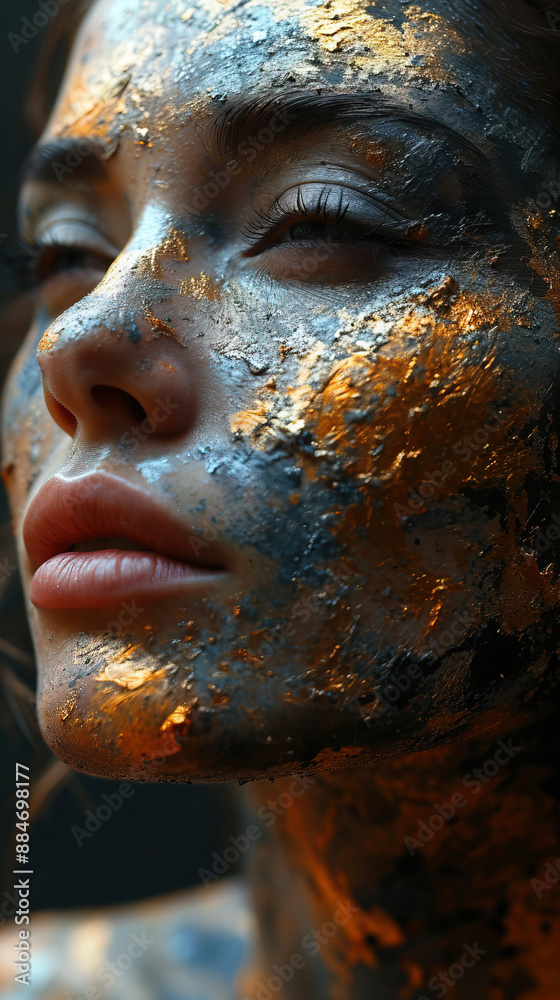 Artistic Painted Face With Blue And Gold Colors Of Gorgeous Female Model On Blurry Background Artistic Painted Face With Blue And Gold Colors Of Gorgeous Female Model On Blurry Background