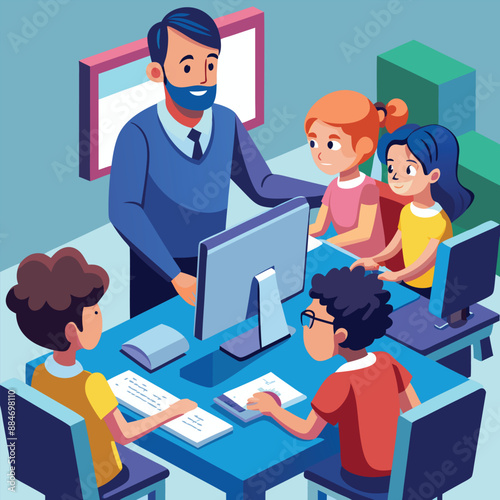 A freelancing School teacher carefully  guides some of his students in  his classroom Vector Art Illustration