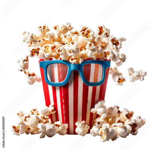 Movie Time Popcorn and Drink with 3D Glasses Isolated on Transparent or White Background, PNG photo