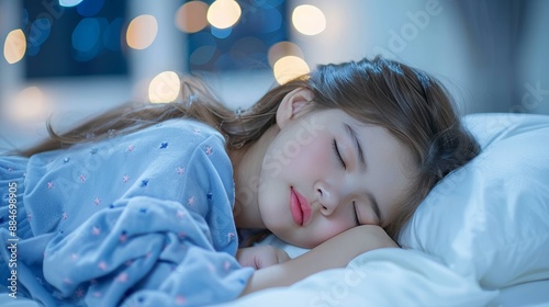 Close up view of woman sleeping peacefully on a mattress with a softly blurred background