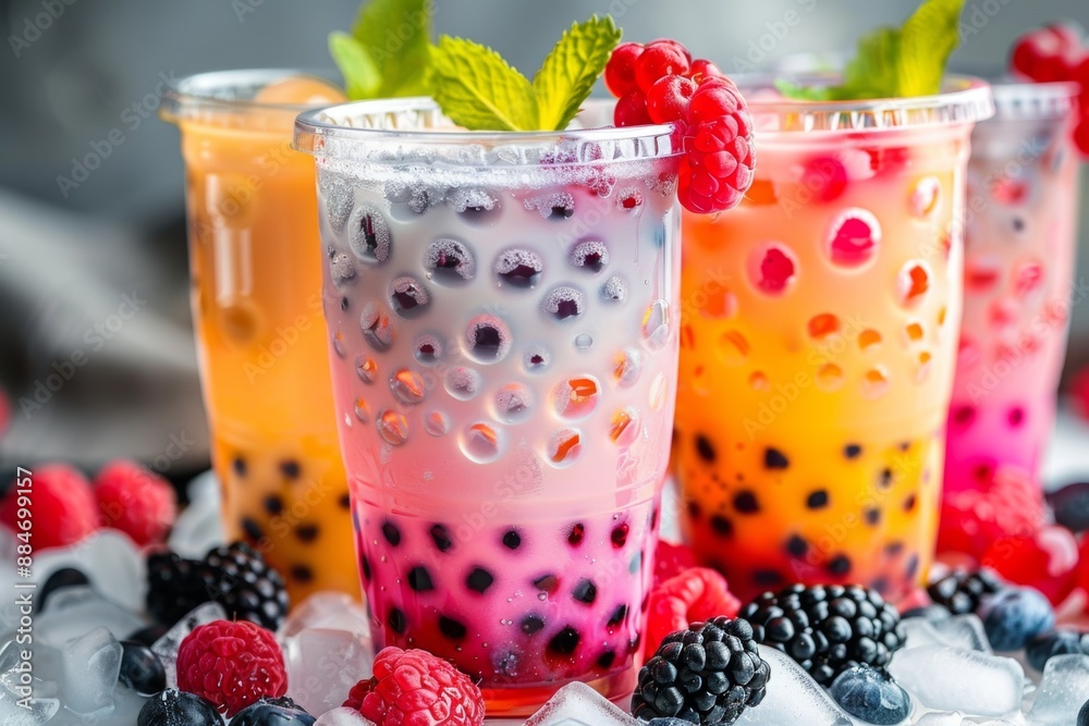 Bubble tea with fresh berries, refreshing cold drinks, fruit beverages concept Bubble tea with fresh berries, refreshing cold drinks, fruit beverages concept