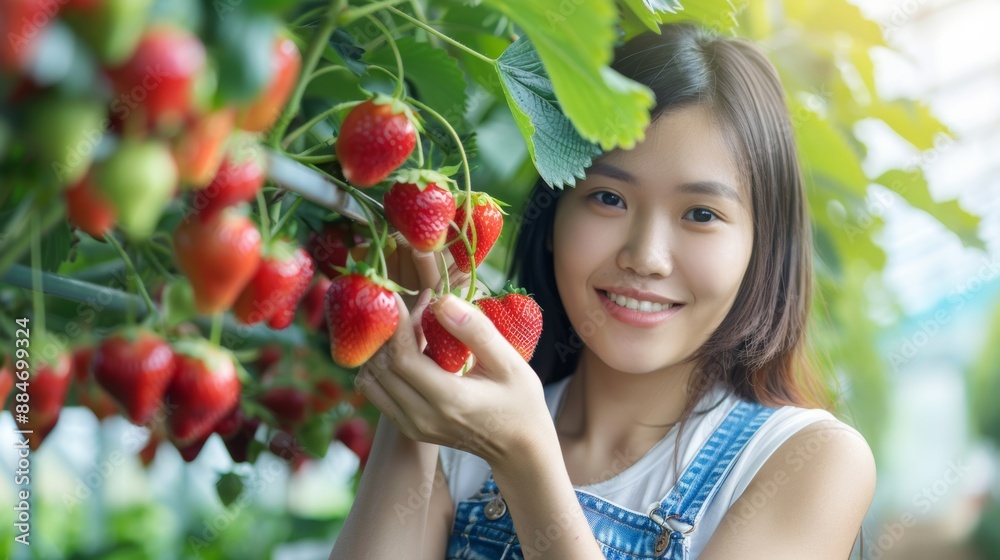 Beautiful young Asian woman happily inspects strawberries by cultivating them in a greenhouse on a farm. Strawberry harvest female and farming Beautiful young Asian woman happily inspects strawberries by cultivating them in a greenhouse on a farm. Strawberry harvest female and farming