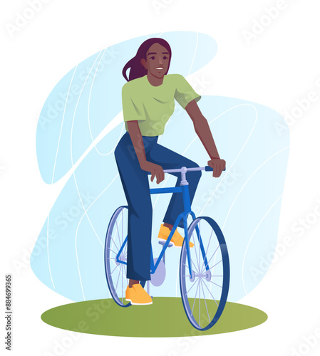 Summer outdoor activity. Happy smiling girl cyclist rides bicycle in park on vacation in summer season. Active leisure, recreation and pastime. Cartoon vector illustration isolated on white background