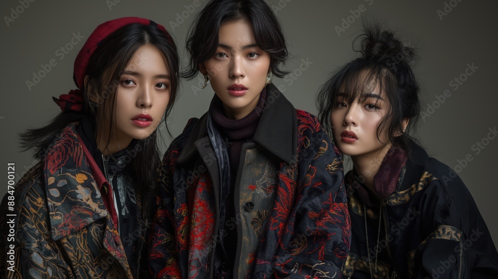 Korean models posing for a fashion shoot, stylistic pose Korean models posing for a fashion shoot, stylistic pose