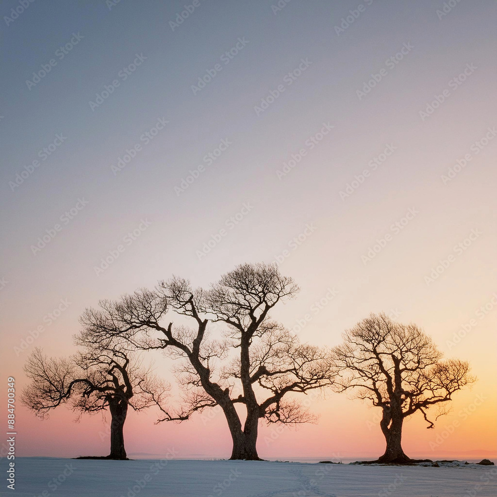 The photo captures the serene beauty of a winter landscape, with three bare trees standing tall and proud against the backdrop of a fiery sunset. The photo captures the serene beauty of a winter landscape, with three bare trees standing tall and proud against the backdrop of a fiery sunset.