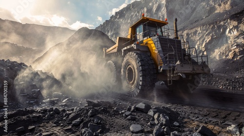 Powerful wheel loader or bulldozer working in a quarry or construction site. Coal dust. Black gold color.