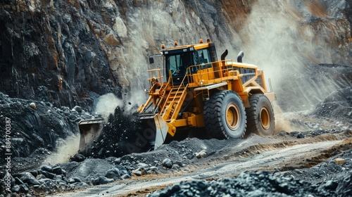 Powerful wheel loader or bulldozer working in a quarry or construction site. Coal dust. Black gold color.