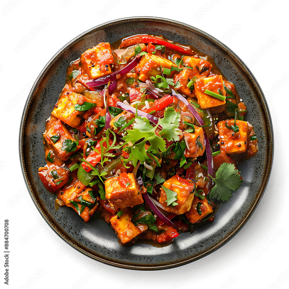 Board and plate of tasty Kadai Paneer with on white background. Board and plate of tasty Kadai Paneer with on white background.