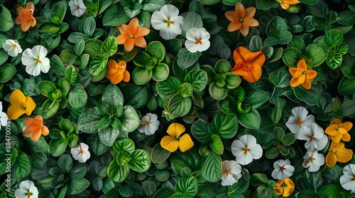 High Angle Shot of Blooming Tigirdia, Tropaeolum Majus, Viola Tricolor, and Vinca Difformis photo