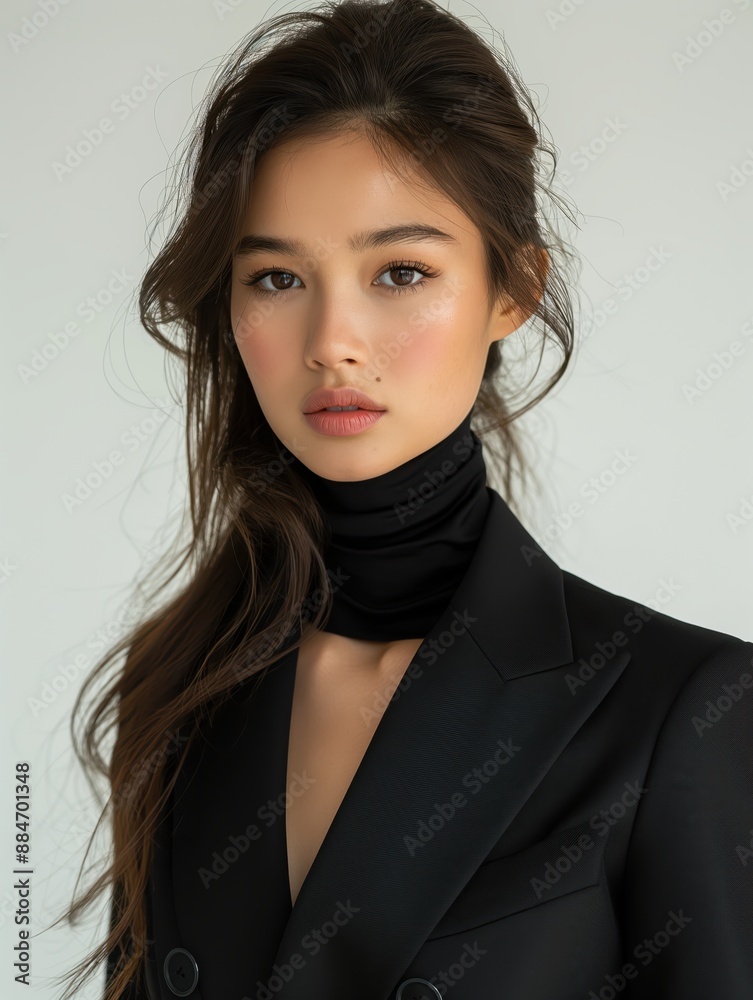 a matte black suit on an Asian model in a white background a matte black suit on an Asian model in a white background