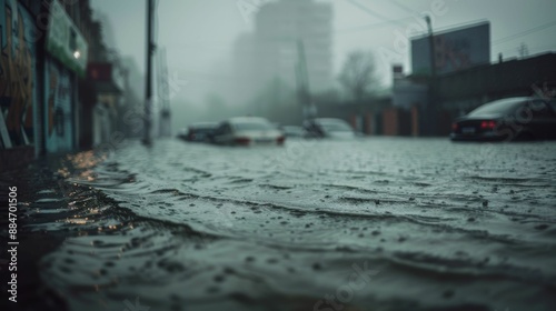 A city street heavily flooded with water, submerging cars and buildings, shrouded in fog, depicting a severe weather event.