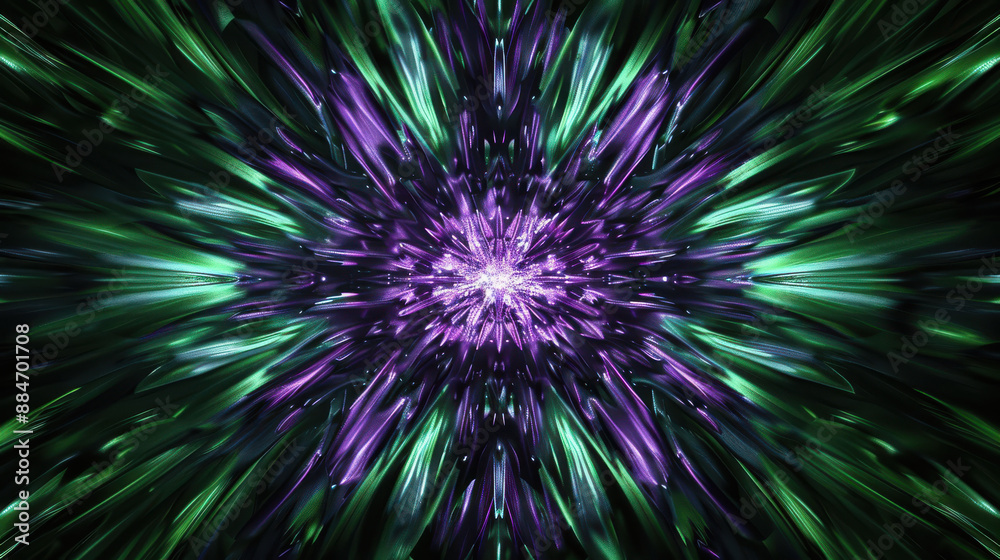 A photograph of a symmetrical, abstract pattern, featuring green and purple lines radiating from the center, high contrast with a dark green background A photograph of a symmetrical, abstract pattern, featuring green and purple lines radiating from the center, high contrast with a dark green background