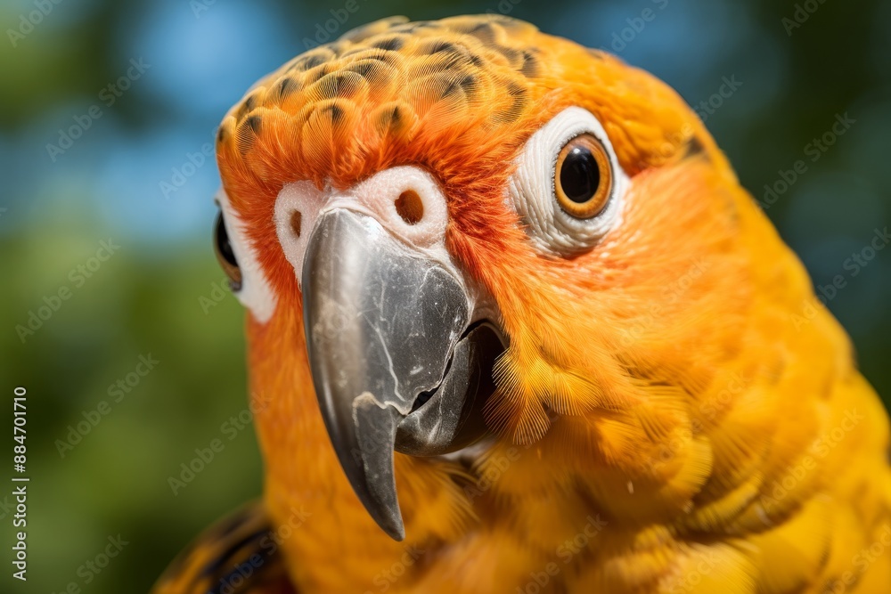 Fototapeta premium Detailed close up of vibrant parrot with beautifully blurred background for emphasis