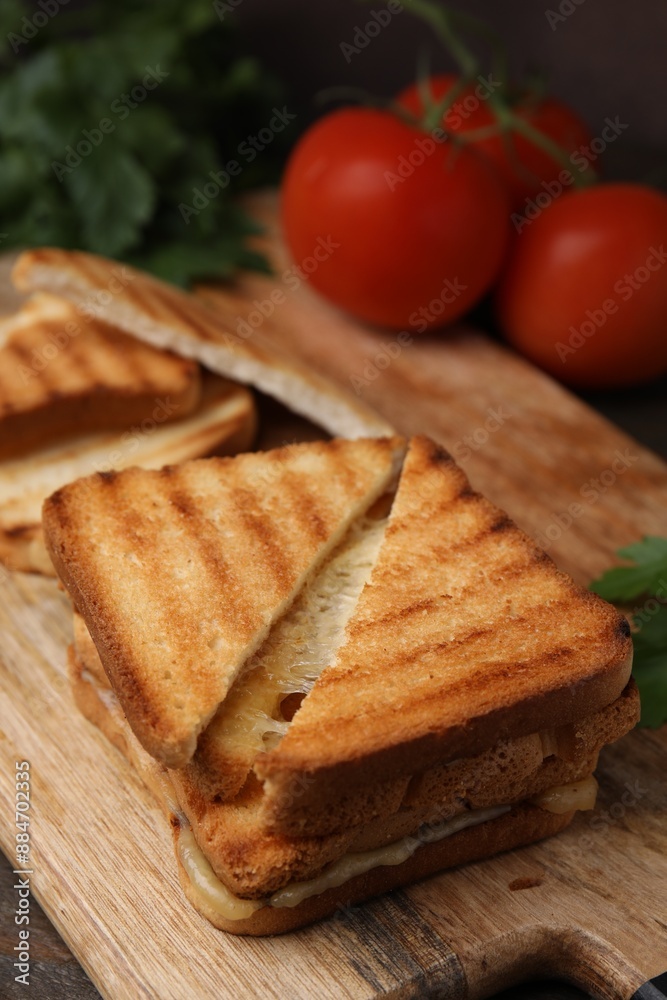 Pieces of toasted bread with melted cheese and tomatoes on table, closeup Pieces of toasted bread with melted cheese and tomatoes on table, closeup