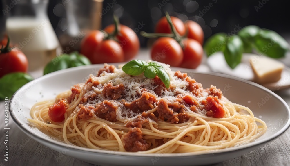 Spaghetti bolognese basil tomatoes and parmesan cheese isolated on white Spaghetti bolognese basil tomatoes and parmesan cheese isolated on white