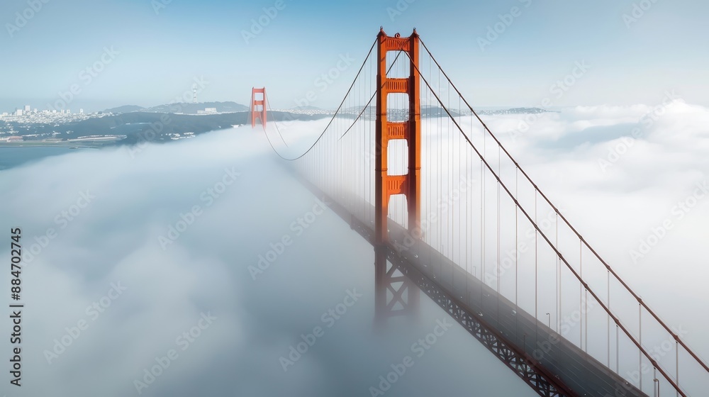 Obraz premium Golden Gate Bridge in the fog, San Francisco skyline in the background, iconic suspension bridge, atmospheric scenery, detailed structure