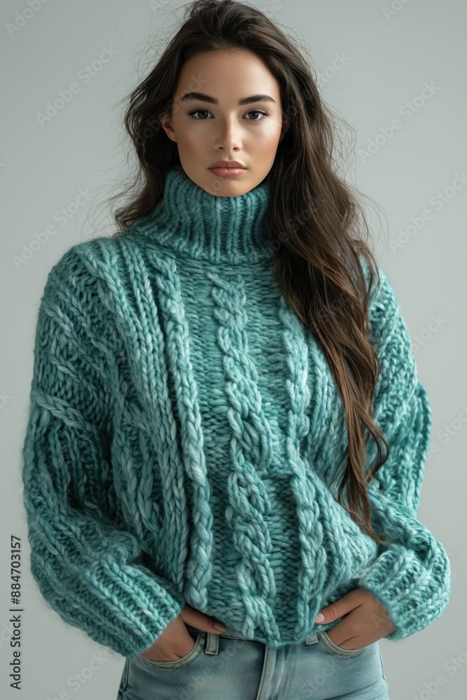 product shot of a teal hand-knitted sweater on a model in an oversized style with a white background product shot of a teal hand-knitted sweater on a model in an oversized style with a white background