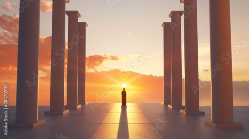 Historical courtyard surrounded by ancient pillars, a solitary figure in deep devotion, the sky painted in hues of orange and pink at the horizon photo