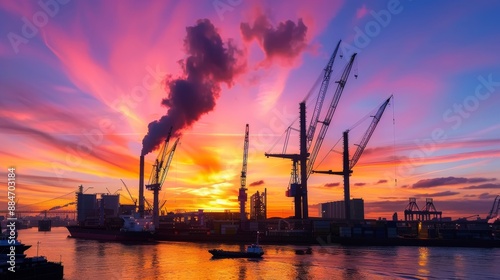 Industrial cityscape at sunset, silhouettes of cranes and factories, orange and purple sky, river with boats, merging industry and nature