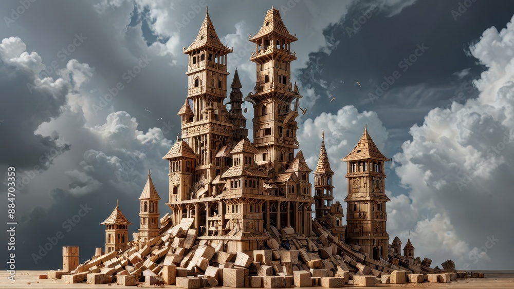 Obraz premium Wooden Castle Ruins Under a Cloudy Sky.
