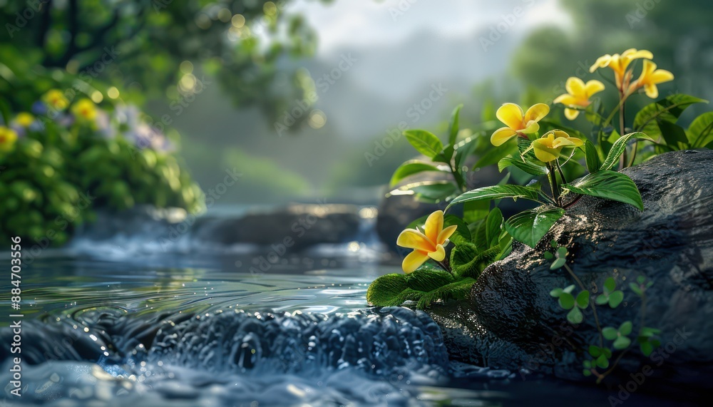 Naklejka premium Tranquil Stream Flowing Through Lush Greenery, Serenity and Refreshment in Nature, Enjoying a Fresh Stream, Individual Feeling Clean, Calm Waters, Peaceful Landscape, Beautiful Flowers, Natural