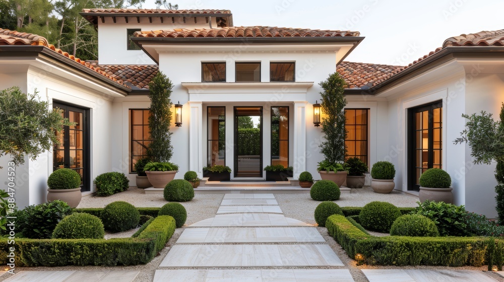 Fototapeta premium Mediterranean villa with terracotta roof tiles, lush gardens, stone pathways, and a sunlit courtyard, elegant and charming