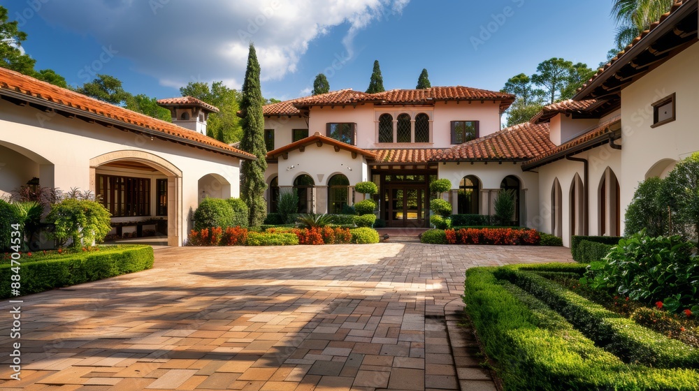 Mediterranean villa with terracotta roof tiles, lush gardens, stone pathways, and a sunlit courtyard, elegant and charming Mediterranean villa with terracotta roof tiles, lush gardens, stone pathways, and a sunlit courtyard, elegant and charming