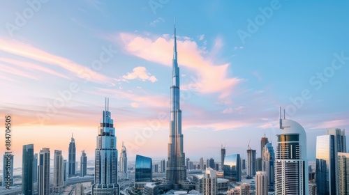 Majestic skyline with a modern cathedral at its center, blending faith and architectural marvels, surrounded by sleek skyscrapers under a twilight sky photo