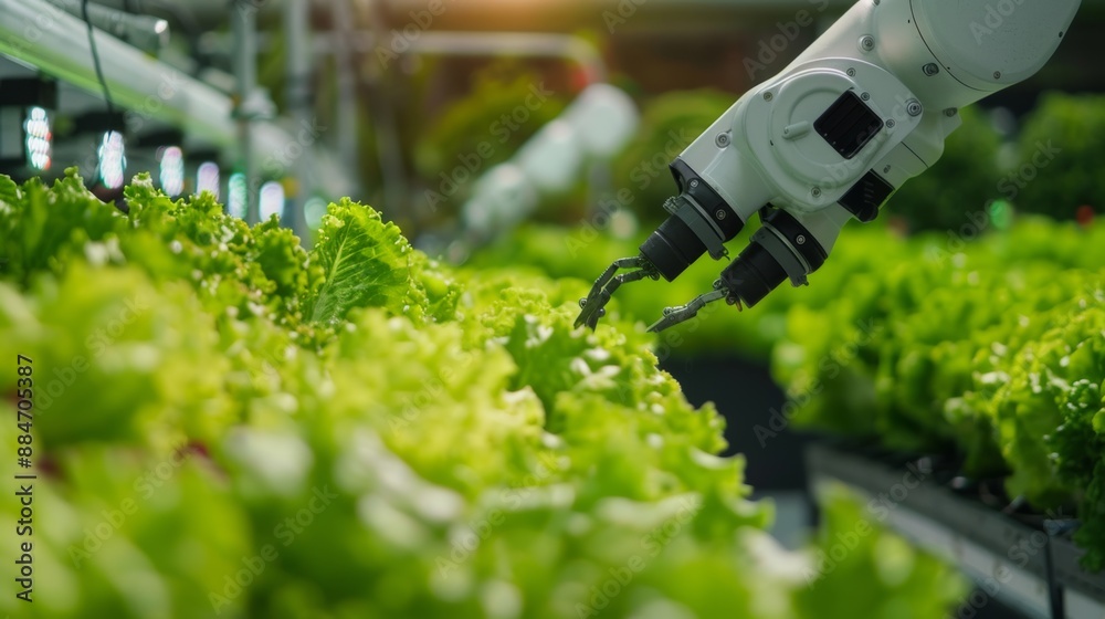 Smart farming technology uses robotic arms to harvest lettuce hydroponically. agricultural robot Smart farming technology uses robotic arms to harvest lettuce hydroponically. agricultural robot