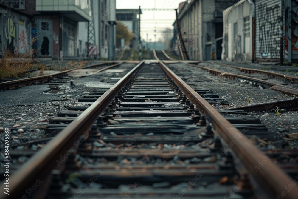 Moody photo capturing the desolation of an abandoned railway track in an urban setting Moody photo capturing the desolation of an abandoned railway track in an urban setting