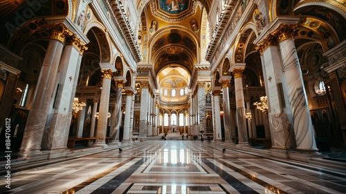 Ornate Byzantine church interior, golden mosaics depicting saints and biblical scenes, a reverent ambiance of deep-rooted faith and historical significance photo