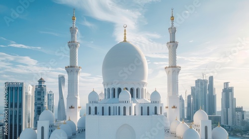 Picturesque mosque with intricate carvings and a bustling urban backdrop, capturing the essence of Islamic culture within a modern city setting
