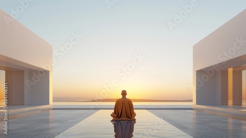 Serene courtyard with intricate stone pathways, a monk meditating near a tranquil fountain, the horizon glowing with the first light of dawn