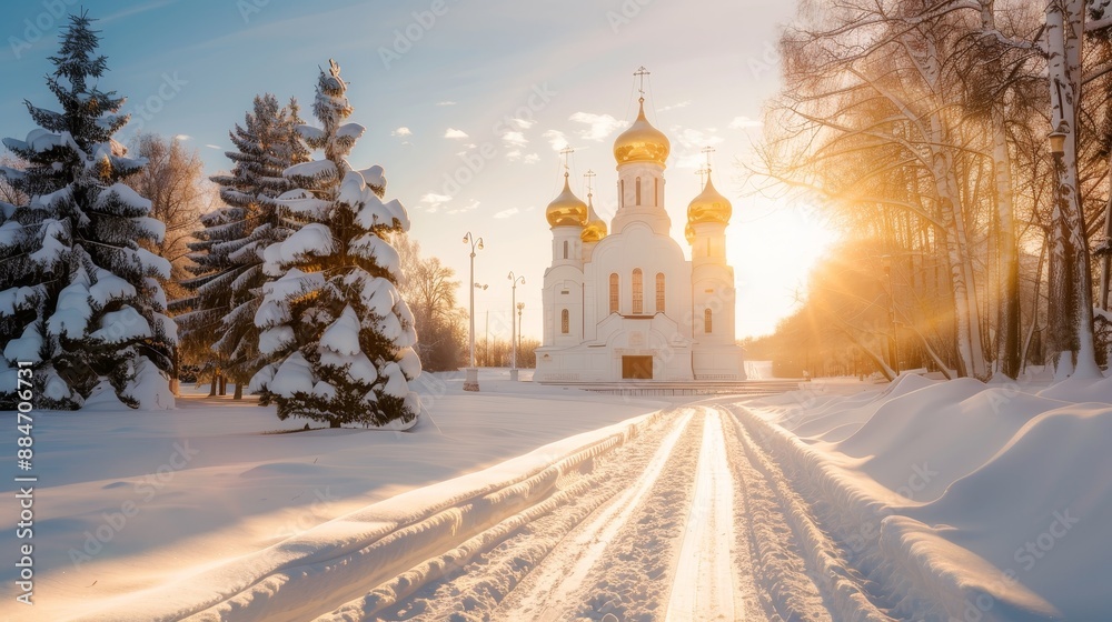 Fototapeta premium Traditional Russian cathedral with golden domes, seen from a snow-covered street, with a picturesque view of a winter sunset