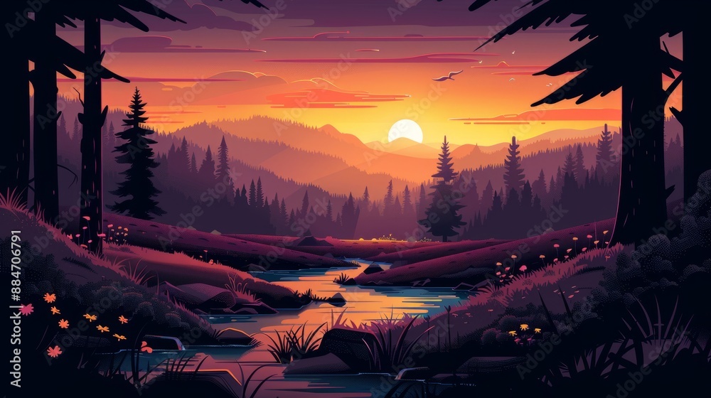 Sunset over mountain stream with silhouetted trees. Sunset over mountain stream with silhouetted trees.