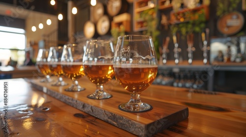 Stylish beer brewery with wooden tables Rows of clear glasses await craft beer tasting. The focus is on tasting high quality beer in a luxurious atmosphere.